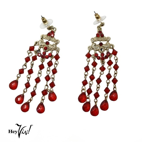 Vintage 80s Chandelier Pierced Drop Earrings Red Beads Rhinestones 3" - Hey Viv - Picture 1 of 7